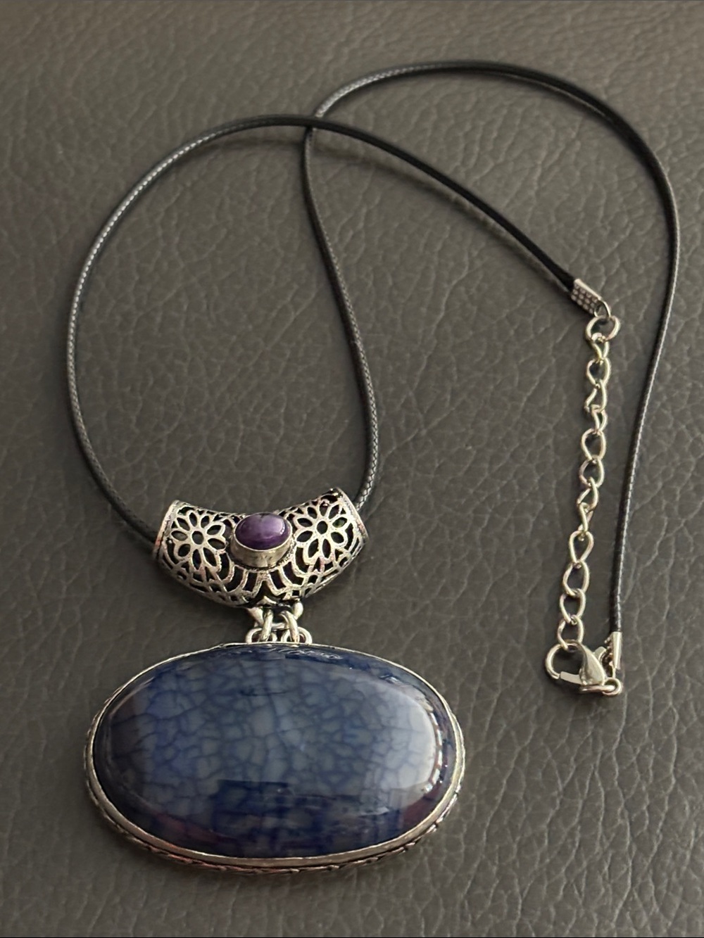 Blue  Crackle Agate Pendant  Necklace with Amethyst Accent